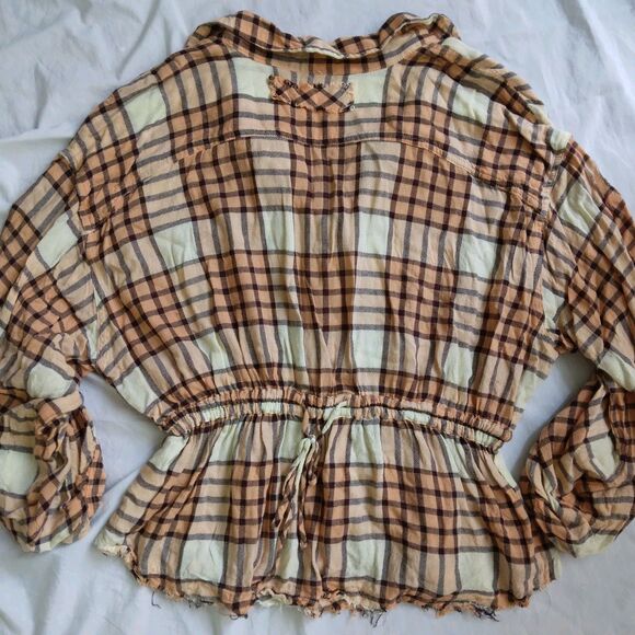 We The Free Pacific Dawn Peach Brown Plaid Button Down Top Boho Women's Shirt L - Picture 10 of 12